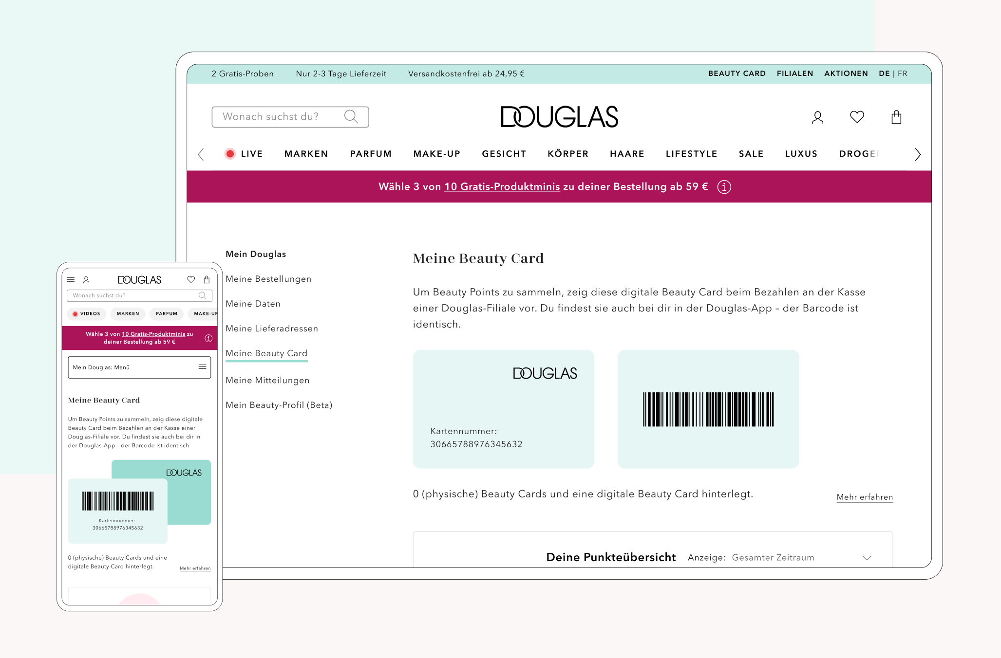 Das Bild zeigt die Douglas Beauty Card im Web
